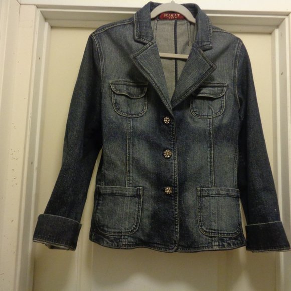 RETRO COQUETTE FEMININE KIKIT JEANS CUFFED JEAN JACKET W RHINESTONE BUTTONS X L - Picture 2 of 4